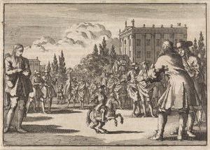Auf einem Platz in Madrid hat sich eine Menge um Louisillo, den Zwerg des Königs von Spanien, versammelt, 1675 von Jan Luyken