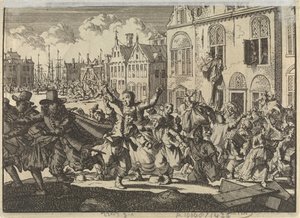 Aufruhr in Enkhuizen, bei dem die Häuser der Vizeadmirale Kwast und Turk zerstört werden, 1635 von Jan Luyken