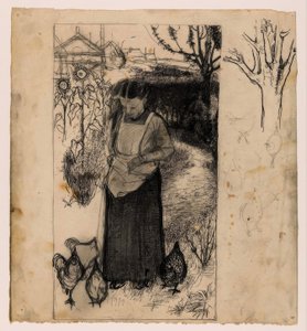 Annie Mankes-Zernike beim Hühner füttern, rechts: Studien eines Baumes und von Hühnern