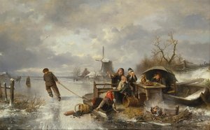 Kinder spielen auf einem zugefrorenen See in einer Winterlandschaft von Jan Mari Henri Ten Kate