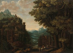 Gebirgige Landschaft mit Flusstal und Burgen