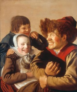 Ein zähnefletschender Mann mit Hund und ein Mädchen mit Katze von Jan Miense Molenaer