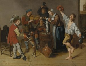 Fröhliche Gesellschaft, die Musik spielt und in einem Innenraum tanzt