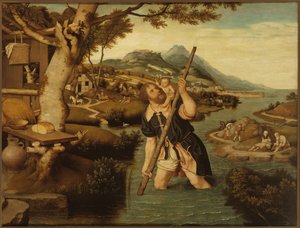 Landschaft mit Heiligem Christophorus, erste Hälfte des 16. Jahrhunderts von Jan Mostaert