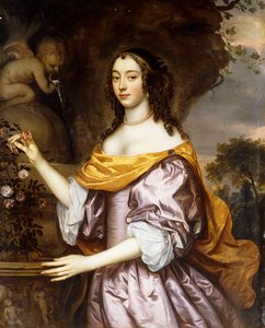 Porträt einer Dame, stehend, dreiviertellang, trägt ein lavendelfarbenes Seidenkleid und einen gelben Schal von Jan Mytens