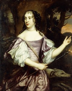 Porträt einer Dame, stehend, dreiviertel Länge, in einem Lavendel- und Weiß-Satin-Kleid von Jan Mytens