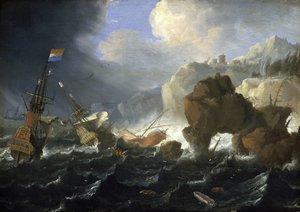 Ein niederländisches Schiff und eine Galeone laufen bei Sturm auf einer felsigen Küste auf Grund. Öl auf Holz, von Jan Peeters (1624-1677). von Jan Peeters