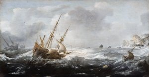 Schiffe in einem Sturm an einer felsigen Küste, 1614-1618