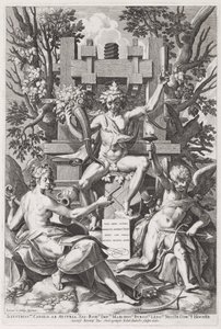 Bacchus sitzt auf einem Fass zwischen Amor und Musik von Jan Sadeler I, after Joos van Winghe