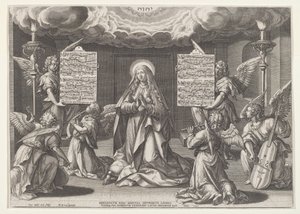 Magnificat: Die Jungfrau umgeben von musizierenden Engeln von Jan Sadeler I, after Maarten de Vos