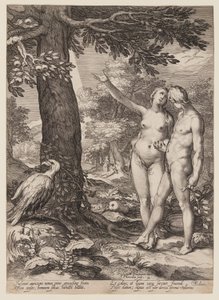 Adam und Eva vor dem Baum der Erkenntnis, aus Geschichte der ersten Eltern der Menschheit von Jan Saenredam