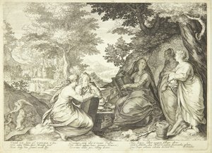 Die klugen Jungfrauen versammelt in einer Landschaft, im Hintergrund Johannes der Täufer, der predigt von Jan Saenredam