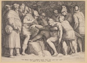 Der verwundete Scipio wird von seinen Söhnen aus der Schlacht getragen von Jan Saenredam