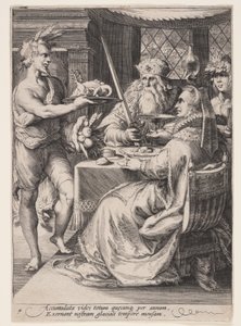 Winter (Bankett mit Bacchus, der einem älteren Paar aufwartet), aus Die vier Jahreszeiten von Jan Saenredam