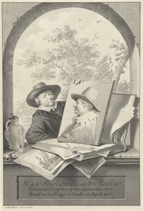 Mann mit einer Mappe mit Zeichnungen und einem Porträt von Jan van Goyen