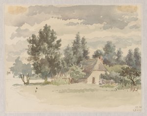 Landschaft mit Bauernhof umgeben von Bäumen