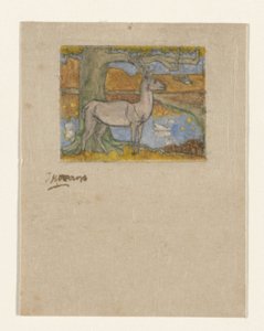 Hirsch bei einem Baum vor einem Teich von Jan Toorop (signed by artist)