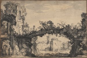 Landschaft mit Ruinen (recto); Kopf einer Frau und Tiere (verso)