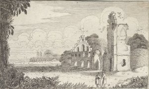 Landschaft mit einer Kirche in Ruinen und zwei Hirten im Gespräch von Jan Van de Velde