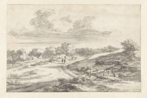 Dünenlandschaft mit Figuren entlang einer Straße, mit einer Hütte in der Ferne von Jan Vermeer van Haarlem (I) (attributed to)