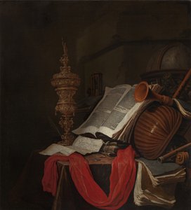 Stillleben mit Musikinstrumenten und Büchern Vanitas