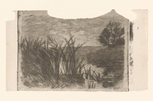 Landschaft mit Wasser, Schilf und Ruderboot