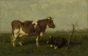 Kuh mit ihrem Kalb auf einer Wiese von Johannes Martinus Vrolijk