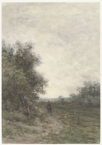 Landschaft mit einem Reiter und einer Schafherde mit Hirten