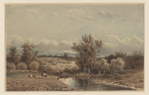 Landschaft mit Fluss und Kühen