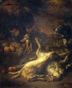 Ein Affe und ein Hund mit totem Wild und Obst von Jan Baptist Weenix