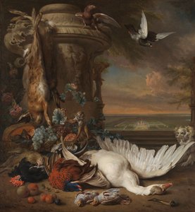 Jagdstillleben mit Früchten neben einer Gartenvase, mit einem Affen, Hund und zwei Tauben, im Hintergrund Rijksdorp bei Wassenaar, Sitz von Jacob Emmery, Baron von Wassenaar von Jan Baptist Weenix