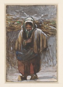 Bäuerin mit Reisigbündel auf dem Rücken in Winterlandschaft von Jan Weissenbruch