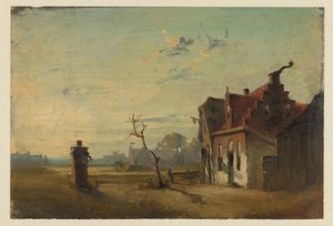 Landschaft mit Bauernhaus und Wasserpumpe von Jan Weissenbruch