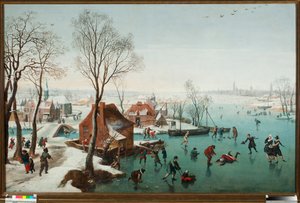 Dezember, Schlittschuhläufer auf einem zugefrorenen See von Jan Wildens