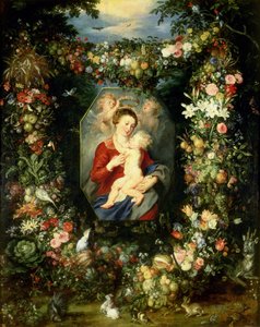 Die Jungfrau und das Kind in einem Kranz aus Früchten und Blumen, ca. 1614-18 von Jan and Rubens, P.P. Brueghel