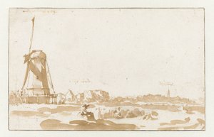Ansicht einer Mühle vom Rheinufer