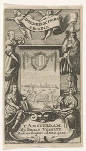 Vier Figuren umrahmen ein Bild von Dordrecht von Jan de Jonge