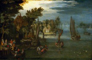Das lebhafte Ufer eines Flusses, mit niederländischen Booten und Passagieren, die ein Shuttle-Boot für die Überfahrt besteigen von Jan the Elder (circle of) Brueghel