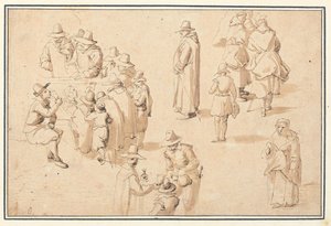 Ein Brunnen in Spa mit Studien eleganter Figuren, die das Wasser nehmen, und von zwei Mönchen und einem Priester