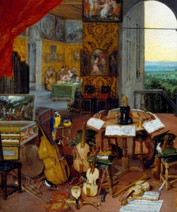 Detail des Hörens, das Musikinstrumente darstellt (Cello, Violine, Laute, Flöte, Cembalo)