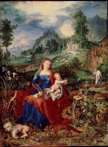 Die Heilige Familie mit Tieren, die in einem Buch blättern, und dem Jesuskind, umgeben von Hund, Fuchs, Vögeln, Krebs, Eule, Papagei, Frosch, Schnecke und Iris von Jan the Elder Brueghel