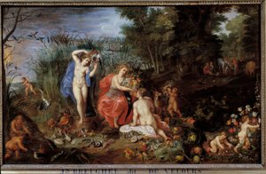 Die vier Elemente Drei Grazien in einer Waldlandschaft, mit Gemüse (Kohl, Kürbisse, Artischocken, Karotten, Paprika), Früchten (Pflaumen, Granatäpfel, Pfirsiche), Fisch, Schalentieren von Jan the Elder Brueghel