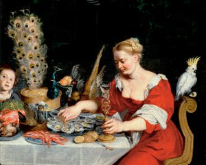 Frau isst Austern, Detail aus Allegorie der vier Elemente von Jan the Elder Brueghel