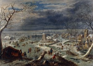Eine Winterlandschaft mit Schlittschuhläufern auf einem zugefrorenen Wasserweg bei einem Dorf, ein Jäger im Vordergrund, Antwerpen dahinter von Jan the Elder Griffier