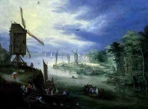 Flusslandschaft mit Windmühlen von Jan the Younger Brueghel