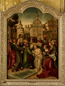 Die Auferweckung des Lazarus, das zentrale Panel eines Altars von Jan van (circle of) Scorel
