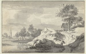 Landschaft mit Figuren, die Holz am Ufer eines Flusses hacken von Jan van Aken