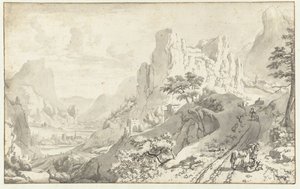 Berglandschaft mit Reisenden auf einer Straße von Jan van Aken