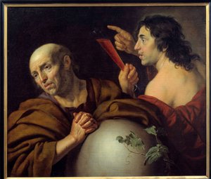 Heraklit und Demokrit Die griechischen Philosophen Heraklit von Ephesos (Heraklit) (535-475 v. Chr.) und Demokrit (Demokrit) (460-370 v. Chr.). Gemälde von Jan van Bijlert (1597-1671) 17. Jahrhundert Utrecht. Zentralmuseum