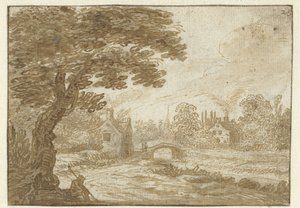 Landschaft mit Häusern und einer kleinen Brücke von Jan van Goyen (possibly)